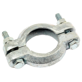 A durable Silencer Clamp with a diameter range of 43-60mm and two bolts, suitable for Ford New Holland and Massey Ferguson tractors. (Sparex Part No. S.60654)