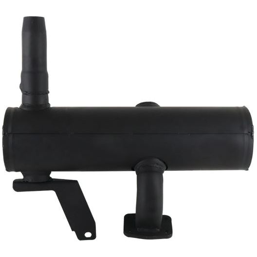 The Silencer - Underhood - S.149354 by Sparex, a black metal exhaust muffler with three protruding pipes and a mounting bracket, featuring a sleek black finish, is shown against a plain white background.