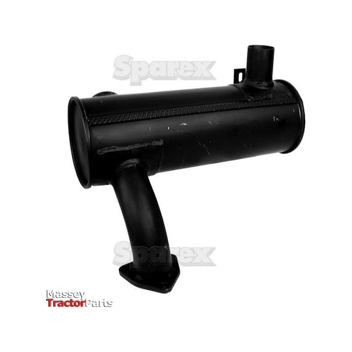 The Silencer - Underhood - S.19251 by Sparex is a black exhaust silencer assembly designed for tractors, featuring an outlet pipe that extends downward and slight surface markings. The words "Massey Ferguson Tractor Parts" and "Sparex" are visible in the background, indicating its high quality. This underhood silencer is coated with heat-resistant paint for enhanced durability.