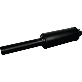 The Silencer - Vertical - S.4412 by Sparex is a black, cylindrical automotive muffler coated in black heat-resistant paint with an inlet pipe and an outlet pipe, designed to reduce engine exhaust noise.