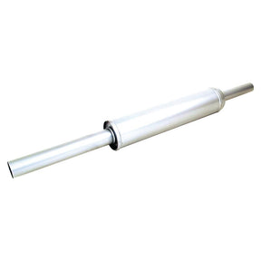 A silver metal car exhaust muffler with a cylindrical body and two tailpipes, shown on a white background, featuring Sparex Aluminium Heat Resistant Paint for added durability. This is the Silencer - Vertical - S.65310 from Sparex.