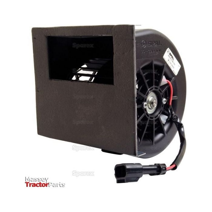 A Single Assembly Blower Motor from Sparex, labeled with Part No. S.106810, featuring a black and silver design and a wired connector. The Massey Tractor Parts logo is visible in the lower-left corner, and it is compatible with 12V systems.