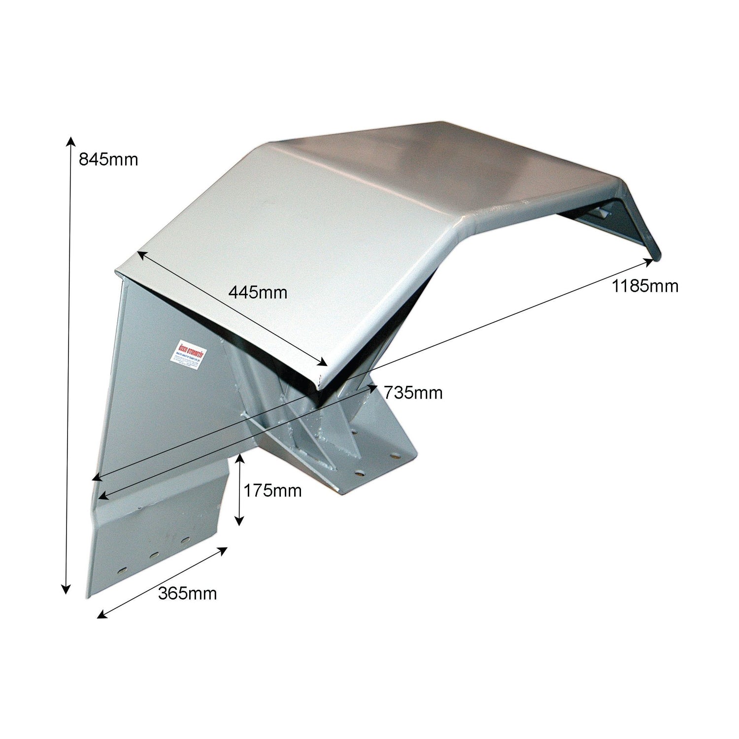 The Sparex Fender - LH - S.73600 is a metal cover with the following labeled dimensions: 1185mm in length (approximately 33.27 inches), 845mm in height, 445mm in width, a base width of 365mm, and a base height of 175mm. It is compatible with the Sparex Square Mounting Plate.