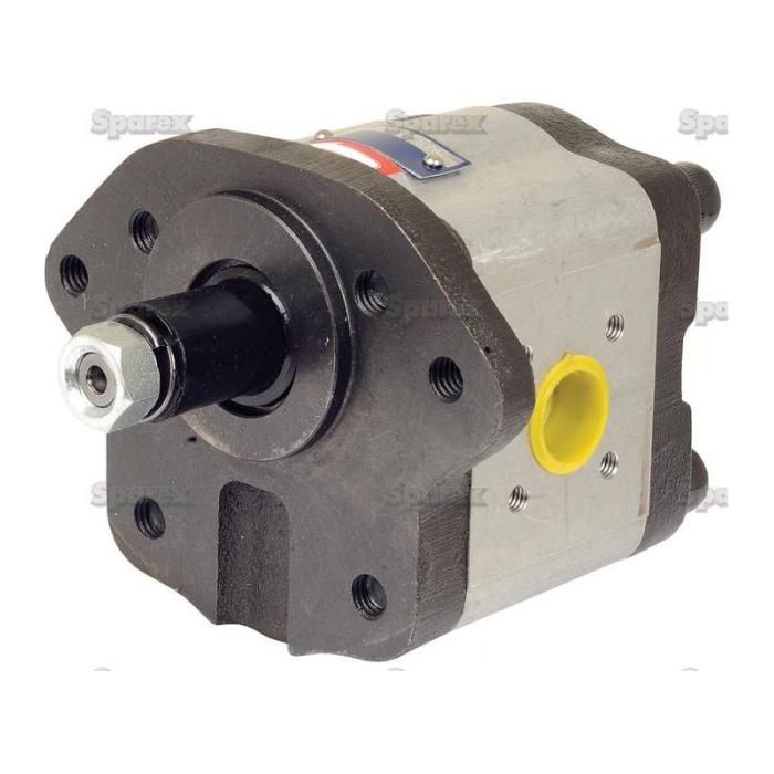 The Single Hydraulic Pump - S.107210 by Sparex is a robust hydraulic gear pump with a metallic body, designed with an input shaft and multiple mounting holes, making it ideal for use in Massey Ferguson tractors.
