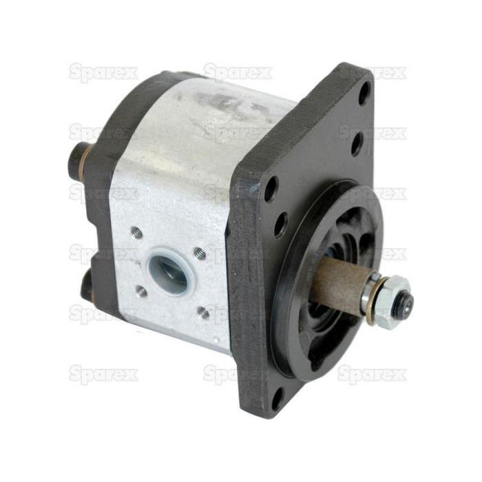 Close-up of the Sparex Single Hydraulic Pump - S.34446, featuring a metal body with a square flange and multiple bolt holes, reminiscent of the precision found in Bosch engineering. The pump is predominantly silver with black components.