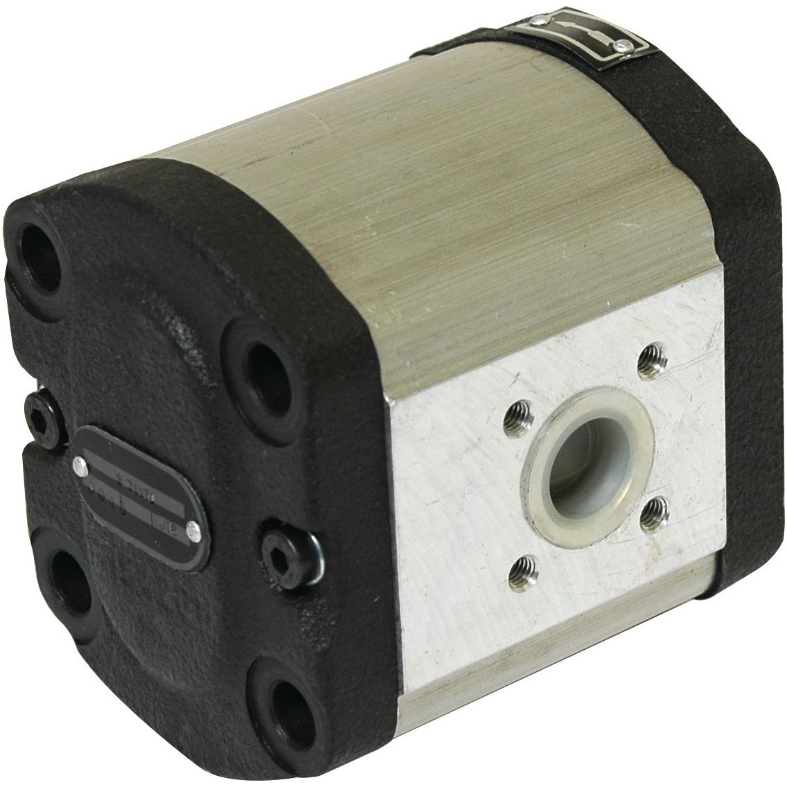 A Sparex Single Hydraulic Pump - S.34470 with a cylindrical shape featuring four bolt holes on its front face and a threaded port on the side. The body, used in Deutz-Fahr machinery, comprises silver and black sections.