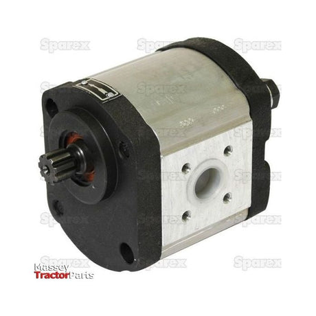 Close-up of the Single Hydraulic Pump - S.344814 by Sparex, featuring a metal housing and black end plates. This pump includes a protruding gear shaft on one end and multiple mounting holes on the front, with the brand "Sparex" clearly visible.