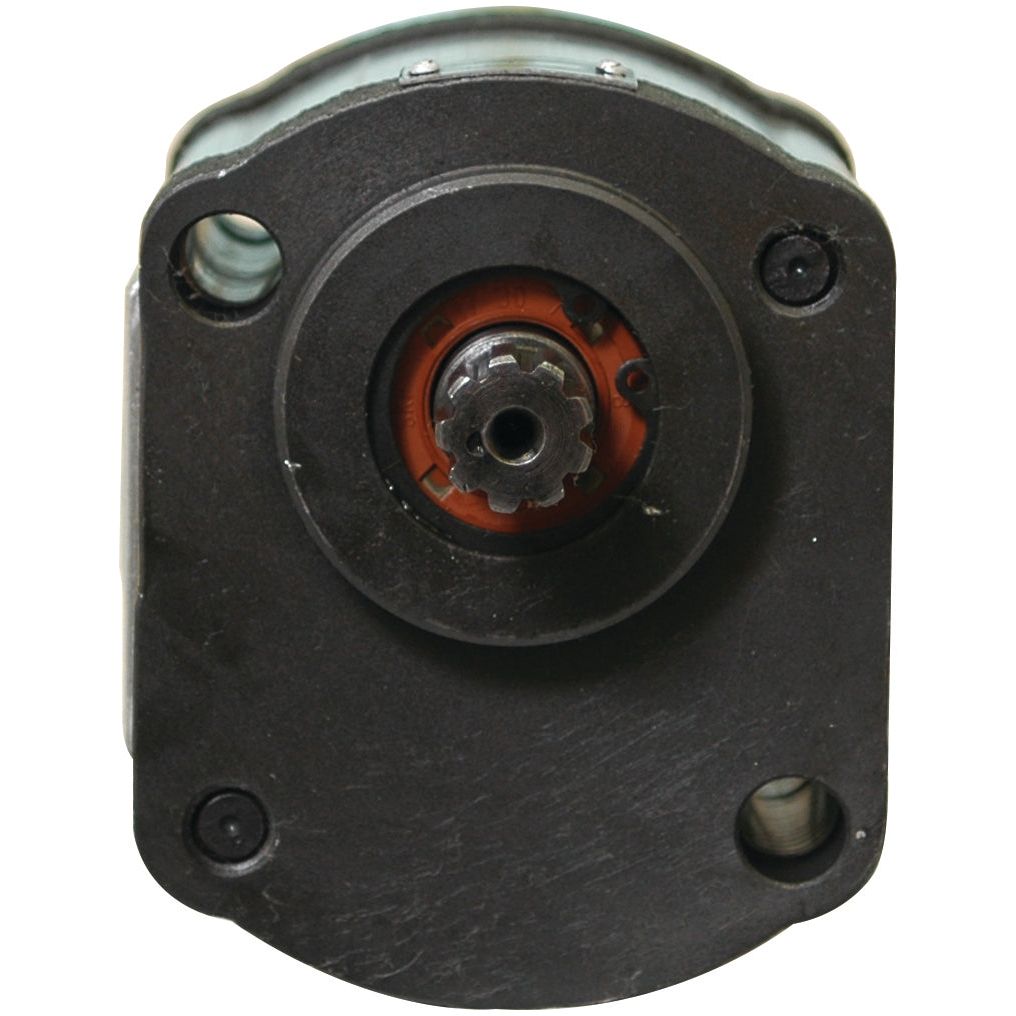 Close-up view of the front end of a Sparex Single Hydraulic Pump - S.344814, focusing on the rotor and central shaft encased in a metal housing.