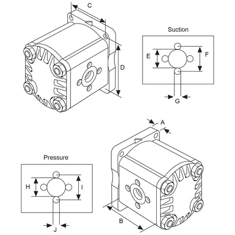Technical diagram showing the Single Hydraulic Pump - S.344827 by Sparex, with labeled dimensions for suction and pressure. Dimensions A-J are indicated for various parts of the component.