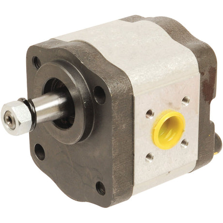 Introducing the Single Hydraulic Pump - S.34538 by Sparex: a metal hydraulic gear pump with a protruding shaft, hexagonal nut, and yellow fluid inlet port. Featuring black and silver components with mounting holes, it fits seamlessly into your Case IH or International Harvester parts inventory.