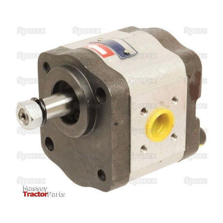 Close-up of the Single Hydraulic Pump - S.34538 featuring a steel rotating shaft, black mounting flange, and multiple screws. Branding includes "Sparex" logos on the pump housing; compatible with Case IH parts for versatile machinery maintenance.