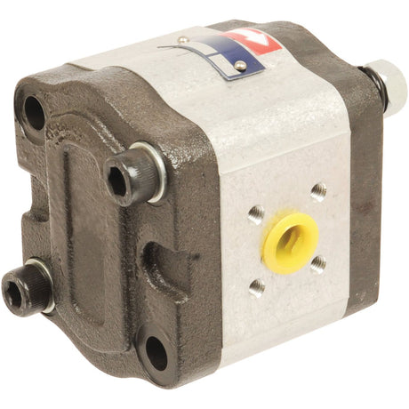 The Single Hydraulic Pump - S.34538 from Sparex is a sturdy metal hydraulic pump featuring a yellow inlet, intended for industrial applications. It exhibits robust construction with visible bolts and connectors for easy attachment, ensuring compatibility with other Sparex components.