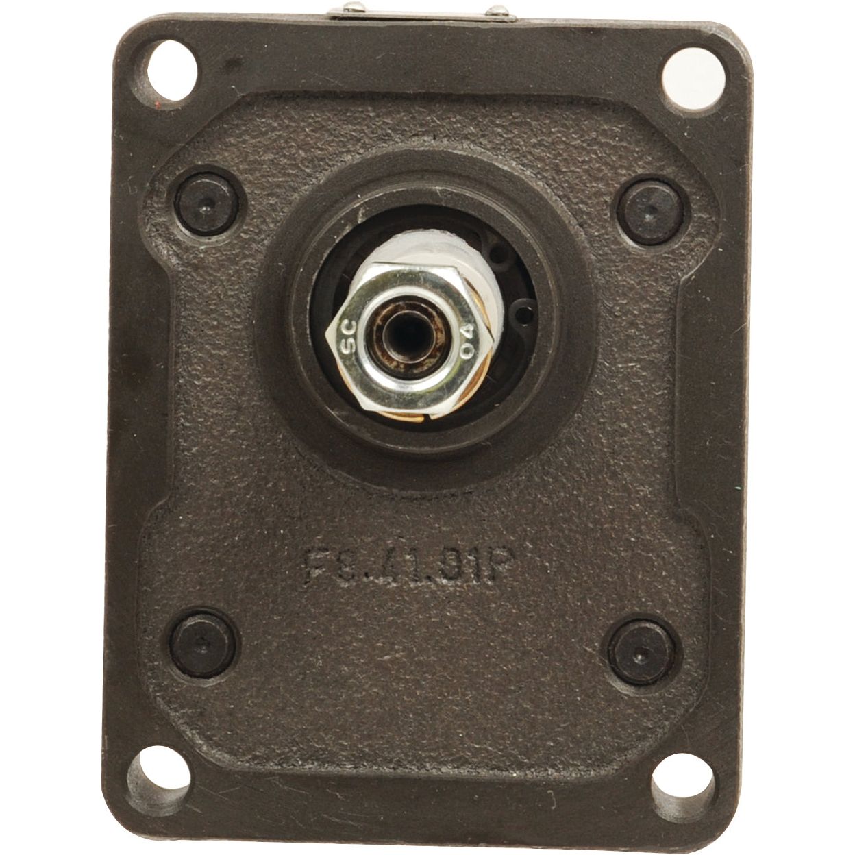 Close-up of a square black Sparex Single Hydraulic Pump - S.42750 metal wall plate with four screw holes and a central circular opening housing a protruding M6 hexagonal nut with a visible bolt.