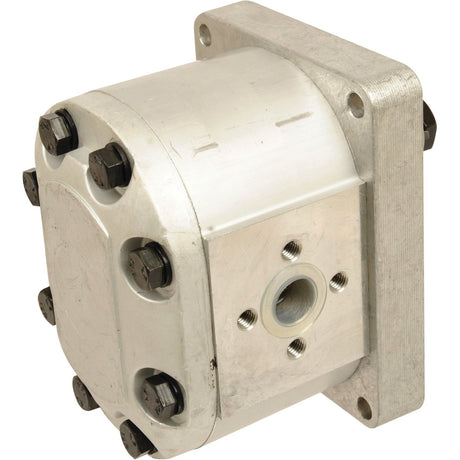 The Sparex Single Hydraulic Pump - S.59117 is a metallic gear pump featuring multiple bolts, a circular central inlet, a rectangular mounting flange, and an anti-clockwise rotation capability.