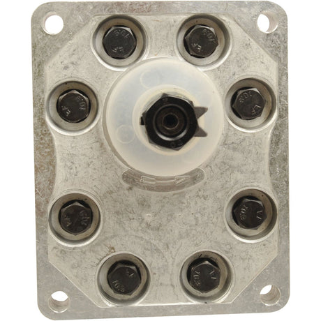 Close-up of a mechanical component with a metal base featuring eight black bolts arranged symmetrically around a central gear-like piece encased in a transparent casing, reminiscent of the intricacy found in the Sparex Single Hydraulic Pump - S.59117.