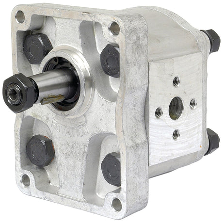 A close-up image showcases the Single Hydraulic Pump - S.59130, a metal hydraulic gear pump by Sparex. The device features a shaft and mounting bolts, with visible labels indicating the rotation direction and hydraulic connections on the side. Additionally, the design includes a clear front inlet hole.