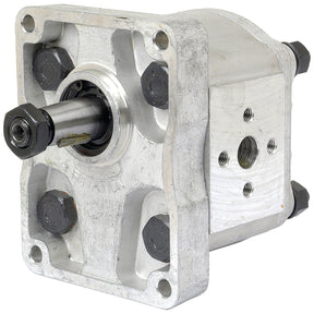 Close-up of the Sparex Single Hydraulic Pump - S.59130, highlighting the rotor, bolts, and casing. The unit appears cylindrical with a central shaft, several mounting points, and a front inlet hole.