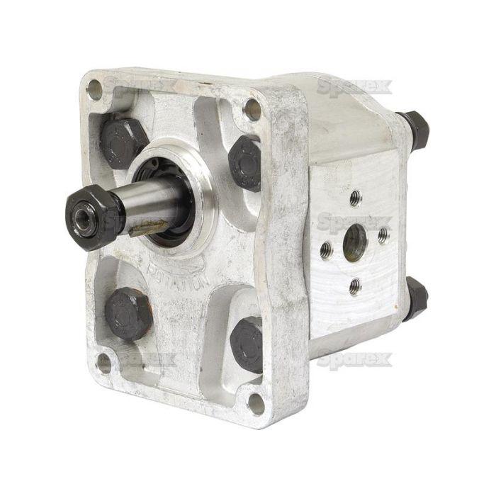 Close-up image of the Single Hydraulic Pump - S.59130 by Sparex, featuring a metal housing with four bolts, a central rotating shaft, and a distinct front inlet hole.