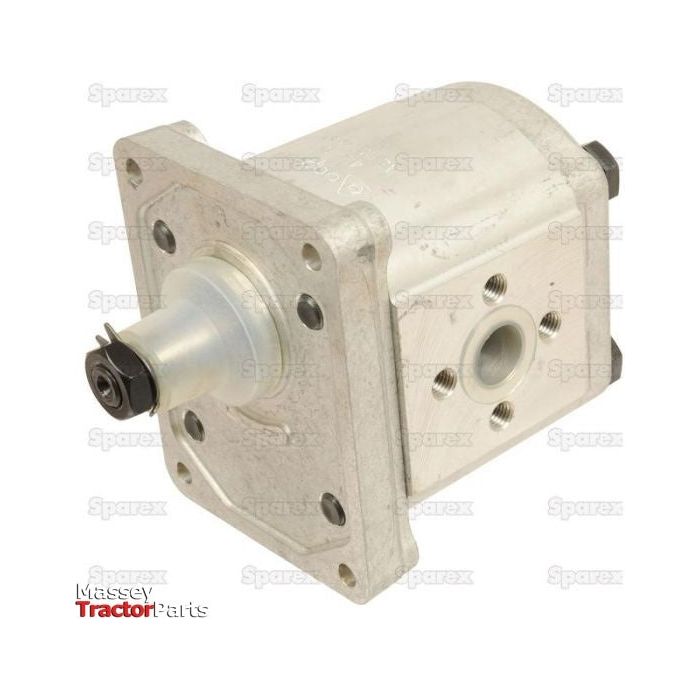 Close-up of the Single Hydraulic Pump S.62214 for Massey Ferguson tractors, featuring a sturdy metal housing and spline shaft. The background prominently displays "Sparex" watermarks.