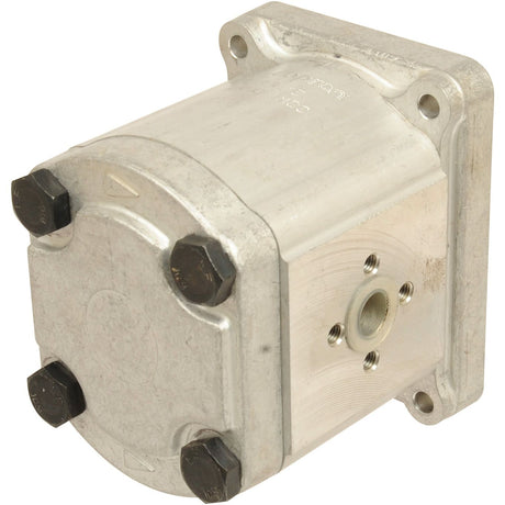A close-up view of the Sparex Single Hydraulic Pump (S.62214) showcases its silver metal body with a square mounting plate and hexagonal bolts, reminiscent of a Case IH single pump design.