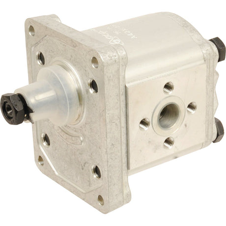 The Sparex Single Hydraulic Pump (S.62215), suitable for Case IH, features a silver finish, a square mounting plate with multiple bolt holes, and a central shaft equipped with a protective cover.