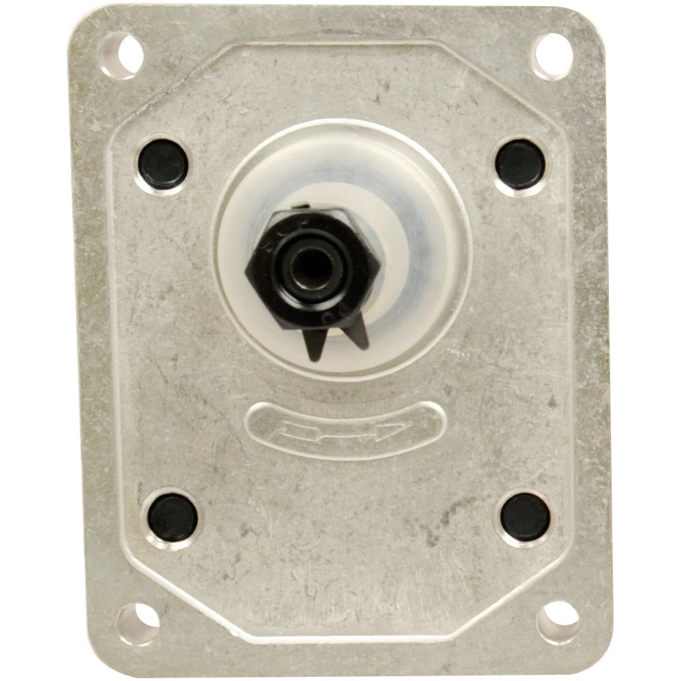 The Sparex Single Hydraulic Pump (S.62215) is a rectangular metal plate featuring four corner holes, a central circular component, and a black plastic knob in the center, making it ideal for Case IH applications or as a pump type replacement.