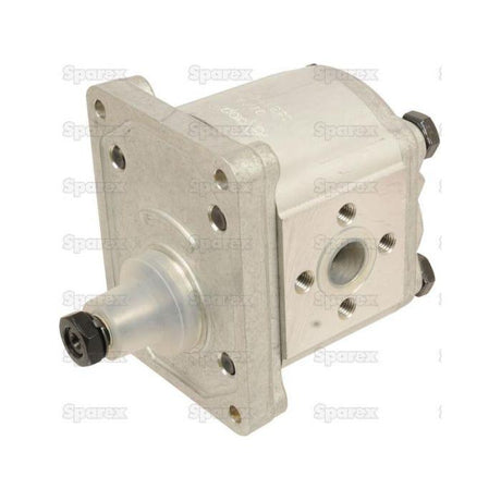 Close-up of a Sparex Single Hydraulic Pump - S.62218 featuring bolts on its corners and a circular opening on its side, set against a white background.