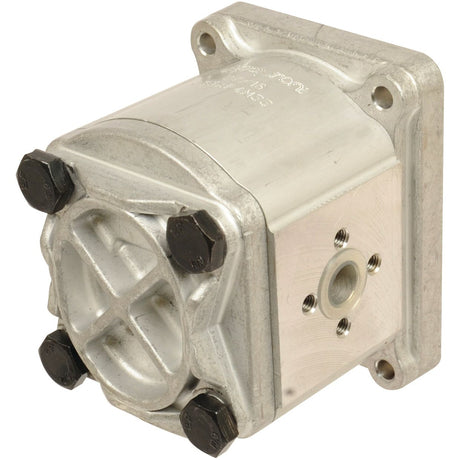 Close-up of a metallic Single Hydraulic Pump - S.62218 with four black bolts securing its front cover. The pump, which is part of the Sparex repair kit, has a matte finish with some visible text and a small circular opening in the center.