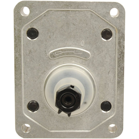 Square metal plate with four corner holes and a central cylindrical component with a hexagonal nut, ideal for use in a Single Hydraulic Pump - S.62218 by Sparex.