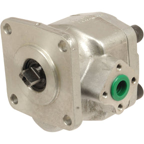 A Single Hydraulic Pump - S.67465 by Sparex, featuring a rectangular mounting plate with several bolt holes and a protruding green component, is shown against a white background.