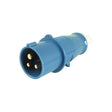 A Single Phase Electrical Connector, 16 Amps (Sparex Part No.S.51294) from Sparex, features a blue cylindrical housing with three round prongs and complies with BS4343 standards.