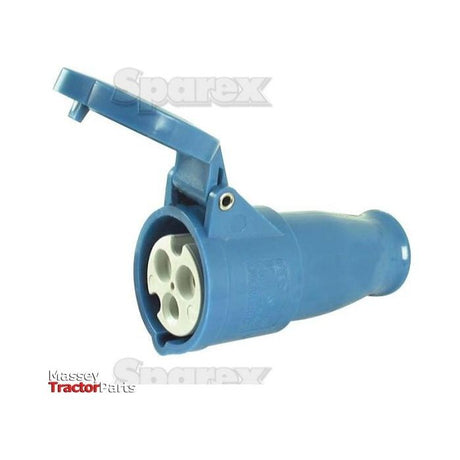 Introducing the Single Phase Electrical Connector, Sparex Part No. S.51295. This 16 amps blue industrial plug features three circular prongs and a hinged cover, ideal for all your heavy-duty needs. The "Sparex" brand ensures quality and reliability, with "Massey Tractor Parts" prominently displayed in the background.