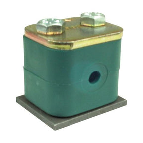 A green Single Tube Clamp (Series A) with a 22mm diameter, featuring two metallic screw terminals and a polypropylene mounting base, Reference RAP3 - 322, Sparex Part No. S.54896 by Sparex.
