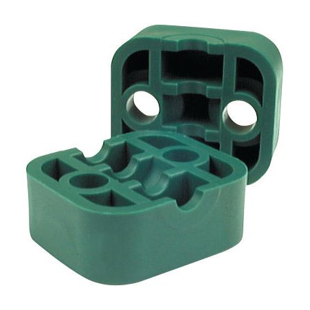Two green plastic Single Tube Clamps from Sparex are designed for securing and supporting 10mm diameter cables. Each clamp has multiple grooves and two holes for fastening, similar to those used in polypropylene pipe installations. The product is referred to as RAP 110 with a Sparex Part No. S.51458.