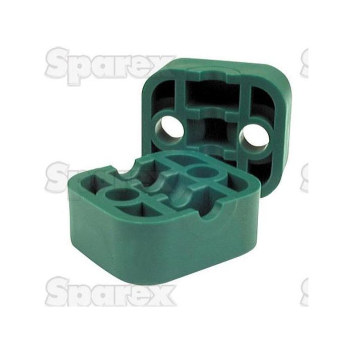The Sparex Single Tube Clamps (Body only) - 10mm Ø (Ref. RAP 110), Sparex Part No.S.51458, are expertly designed green, rectangular plastic blocks featuring two visible holes and multiple interior compartments for use as insulators or connectors.