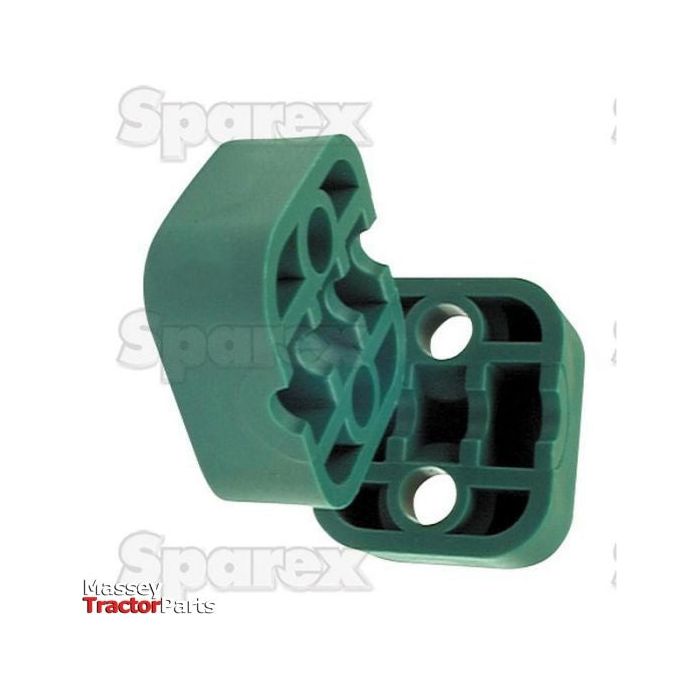 A green, plastic tube clamp body with two large screw holes and an internal grid-like structure, crafted from sturdy polypropylene. The background shows the logo "Sparex" and "Massey Tractor Parts" in the bottom-left corner. This product is known as the Single Tube Clamps (Body only) - 20mm Ø (Ref. RAP 320), Sparex Part No.S.51465.