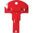 A red, T-shaped metal bracket, identified as the Sparex Skid (400mm length, 314mm width, 38mm depth), designed for the Kuhn FC240P and compatible with John Deere, featuring a round hole at the top and a rectangular slot at the bottom.