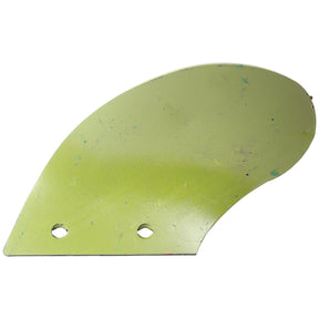 A green, flat, irregularly-shaped metal piece with two holes and some surface scratches, resembling the functional design of a Sparex Skim Mouldboard - LH for Dowdeswell (To fit as: 48199 | Sparex Part No. S.127536).