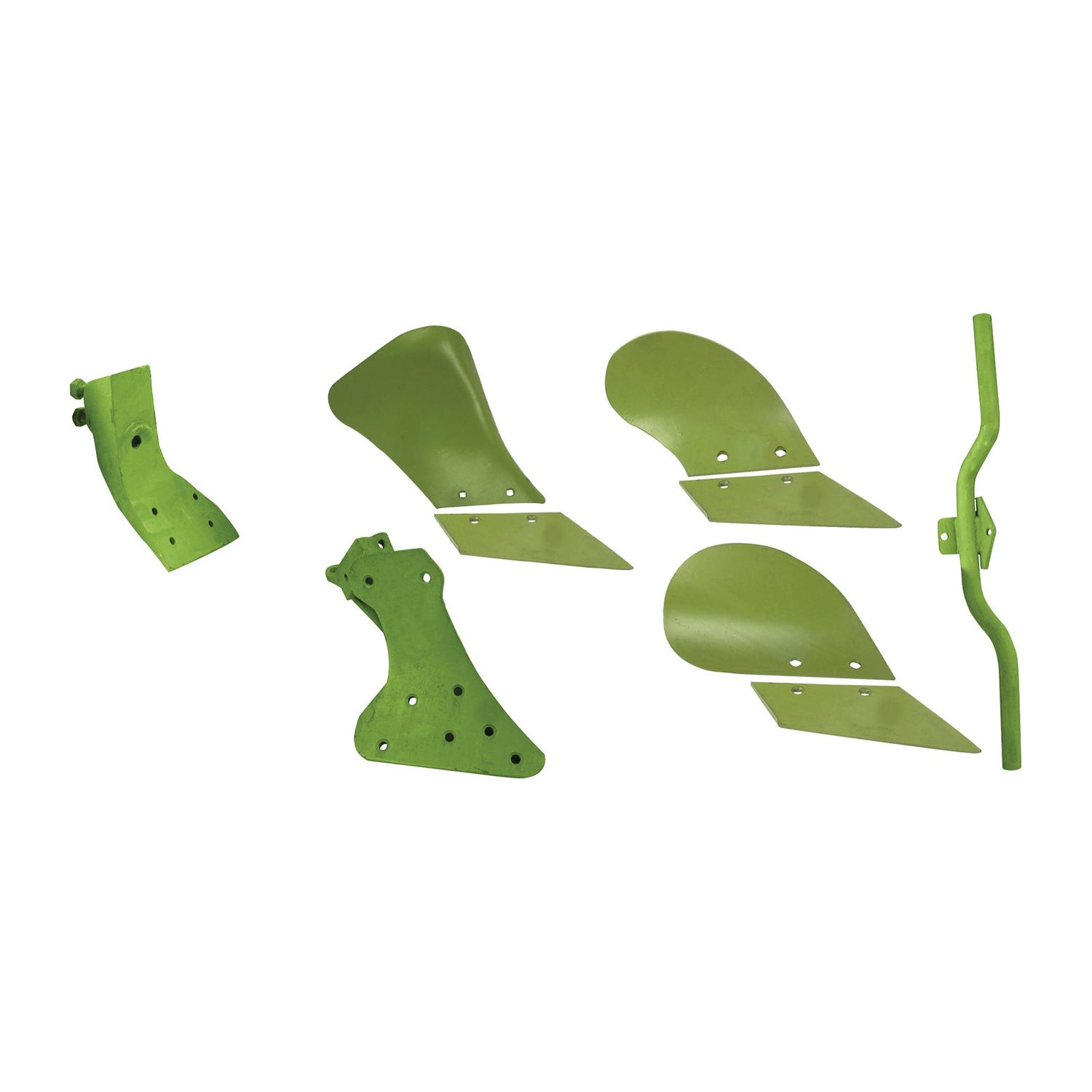 Five green metal agricultural machine parts, including curved blades and various connectors, are displayed against a white background. The varied shapes and sizes bring to mind the dependable quality of Sparex's Skim Point - RH (Dowdeswell) fittings, model 48098 (Sparex Part No. S.127533), though no fasteners are included.