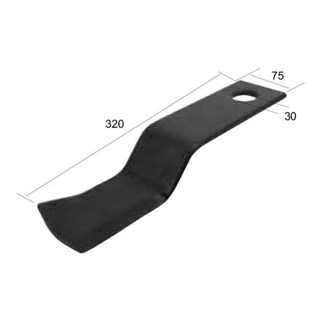 A black Slasher Blade with an L-shaped design, rounded edges, and a 30 mm diameter hole on one end, crafted by Sparex. It measures 320 mm in length and varies in width from 75 mm at the wider end to a precise thickness for durability. This product is identified as Sparex Part No.S.78468 and serves as a replacement for Fleming parts.