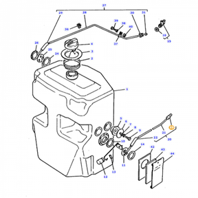 Exploded diagram illustrating the components of a tractor tank assembly, featuring bolts, washers, seals, tubing, connectors, and the AGCO Massey Ferguson Sleeve (part number 3599554M1). Each part is numbered and identified with lines directing to specific components for various Massey Ferguson models.