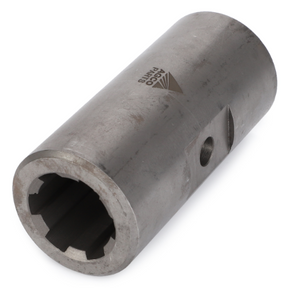 Massey Ferguson Sleeve Drive Shaft, part number 3380056M4 by AGCO, is a metal cylindrical mechanical component with a hollow splined interior and an outer port. It is engraved with "AGCO Parts" and features a triangle logo. This part is compatible with Massey Ferguson 5400 Series.