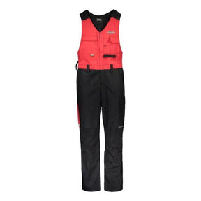 Introducing the Valtra by AGCO - Sleeveless Overalls (V4280530) in red and black, featuring multiple pockets, kneepad pockets, a zipper front closure, and a reflective Valtra logo.