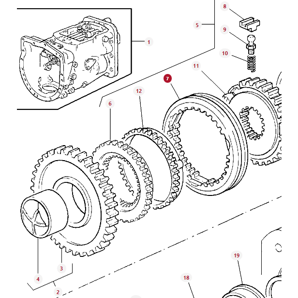 Exploded view of a mechanical assembly showcasing gears, bolts, and various components from AGCO's Massey Ferguson models, including the Slider Bearing (Part Number: 1686796M1) with each part labeled by number.