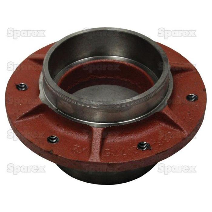 The Sliding Saucer Hub from Sparex features a circular opening with an outer diameter of 162mm and an inner diameter of 90/95mm. It includes four precisely centered bolt holes and is primarily red with a silver inner lining. Designed as a replacement for Deutz-Fahr models, this part corresponds to code 06567235 and is also known by Sparex Part No.S.110595.