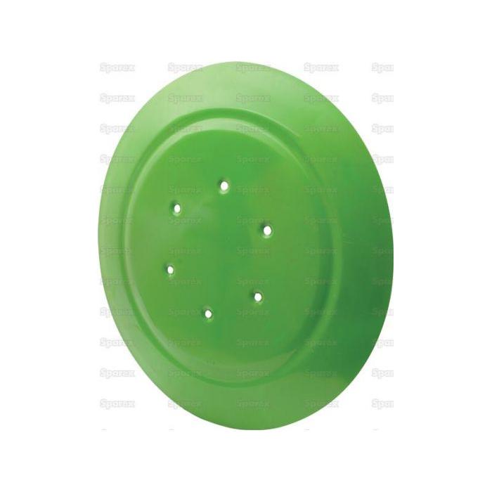 A round green sliding saucer made of plastic, featuring five small, evenly spaced hole centers in the middle. This product is the Sparex Sliding Saucer - OD: 765mm, and serves as a replacement for Deutz-Fahr, Kuhn, and Pottinger equipment (part number 06567882 | Sparex Part No.S.110583).