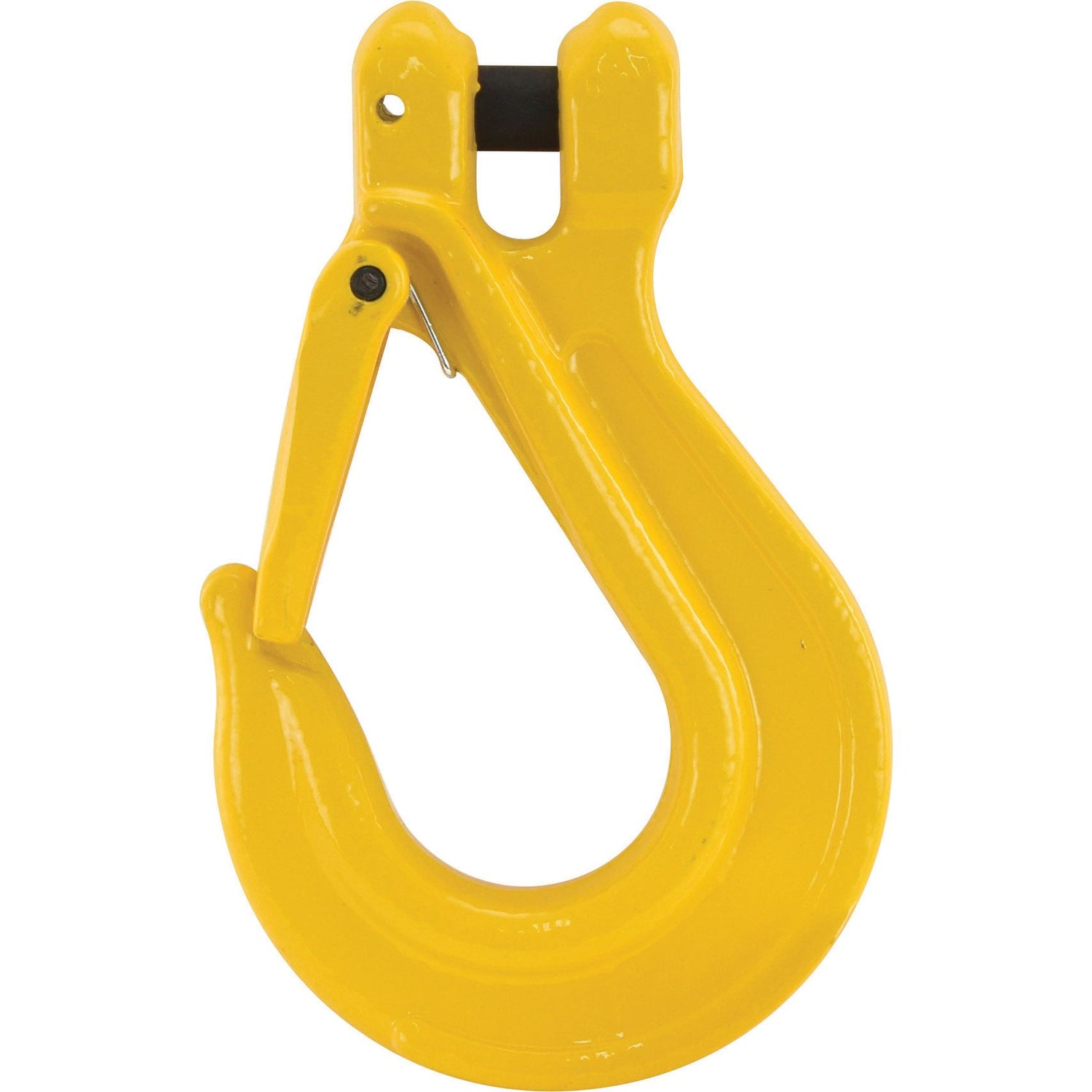 A certified Sling Hook and Latch Clevis 10mm (S.790503) by Sparex, in Grade 80 yellow, equipped with a safety latch and designed for lifting and rigging applications.