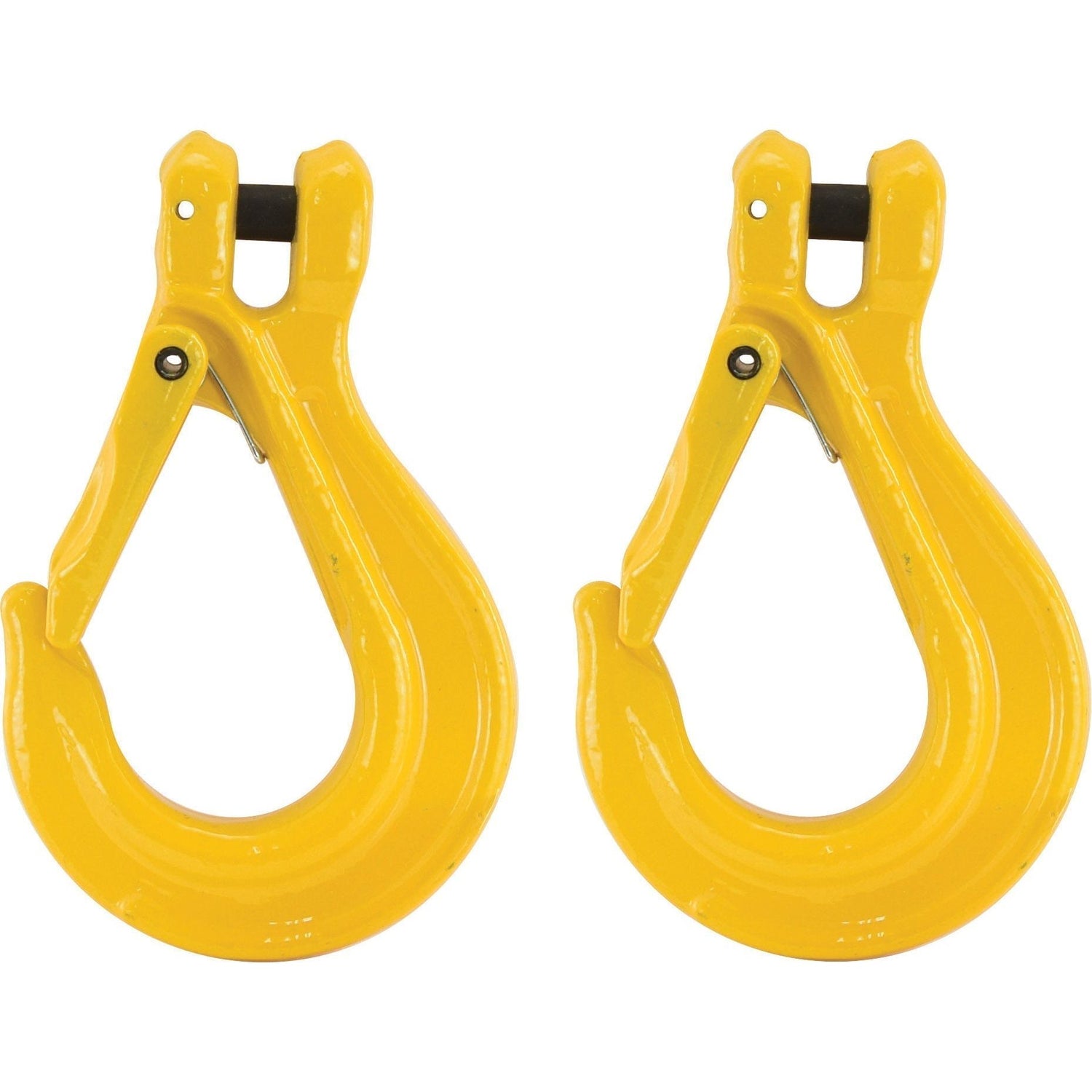 Two Sparex Sling Hook and Latch Clevis 8mm (certified) - S.790502, in yellow steel with safety latches, designed for heavy-duty hoisting and rigging applications and featuring an 8-ton breaking strength, placed side by side.