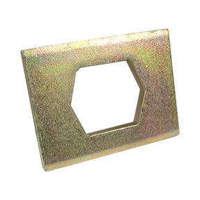 A rectangular metallic washer with a hexagonal cutout in the center, suitable as a replacement for Howard, is the Slurry Plate 4" x 3", Sparex Part No. S.78866.