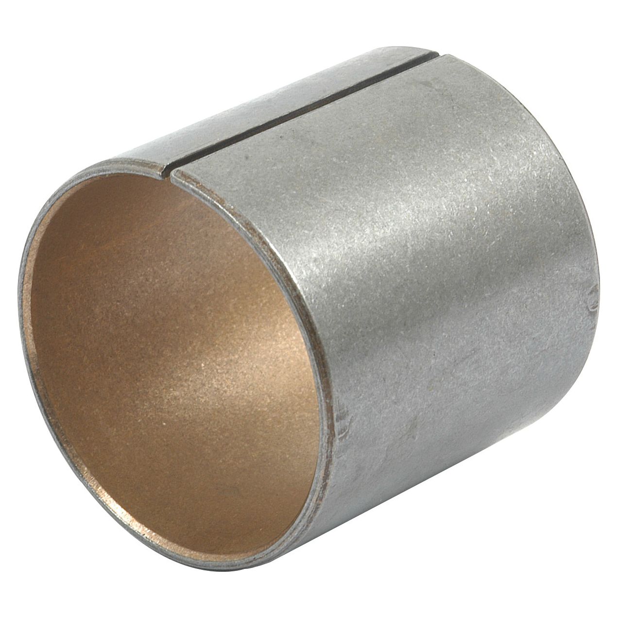 Close-up image of a cylindrical Small End Bush - ID: 38mm (Sparex Part No. S.65237) with a slit running along its length, featuring a metallic exterior and a smooth interior surface, suitable for New Holland and Sparex applications.